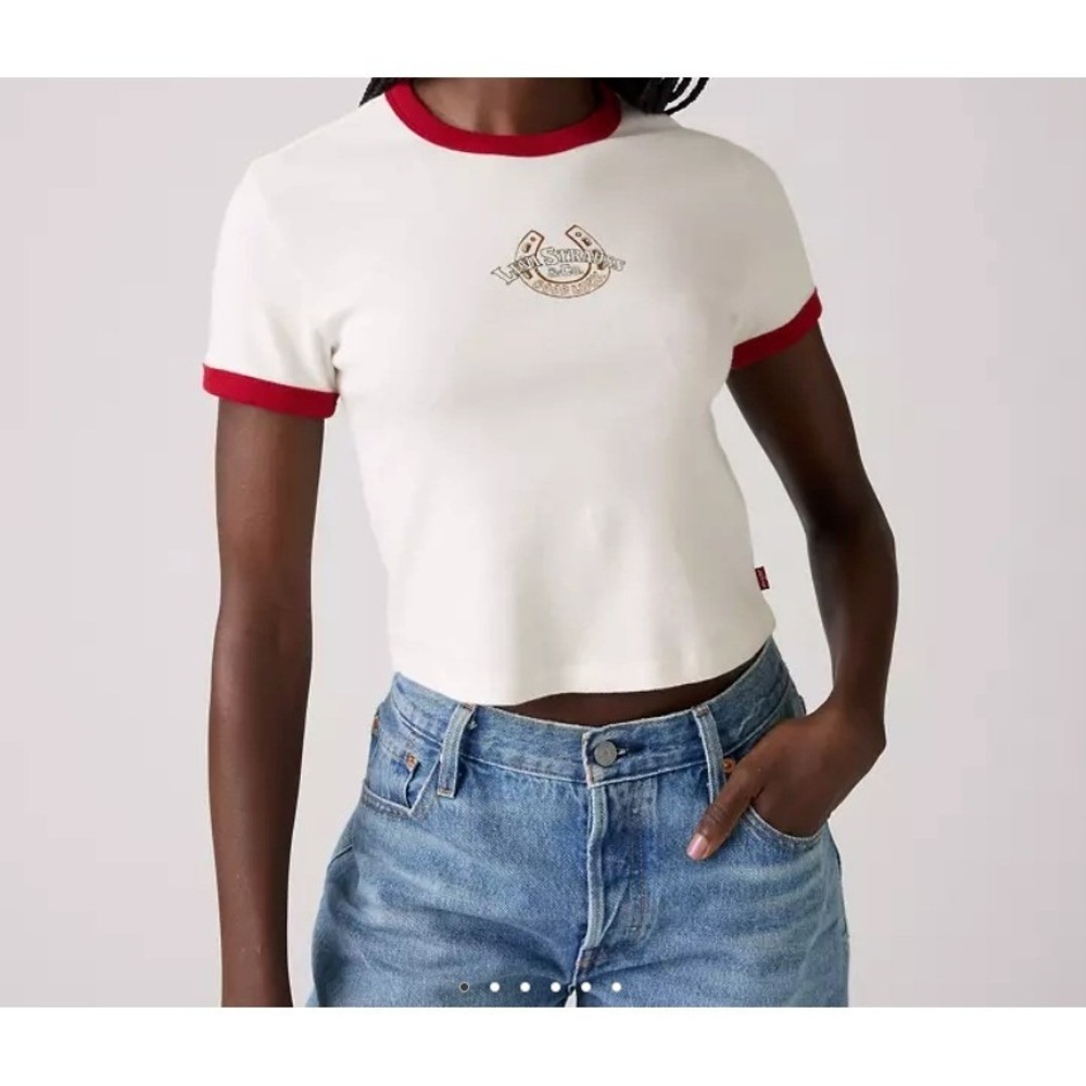 Levi's Graphic Ringer Mini T-shirt Womens L White Horse Western Classic Crop NWT